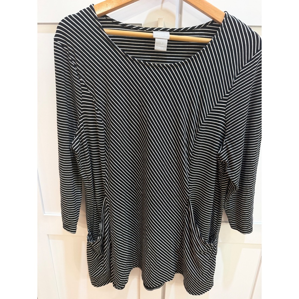Chico's Black White Striped Tunic Top 3 XL 3/4 Sleeve Pockets 570263403